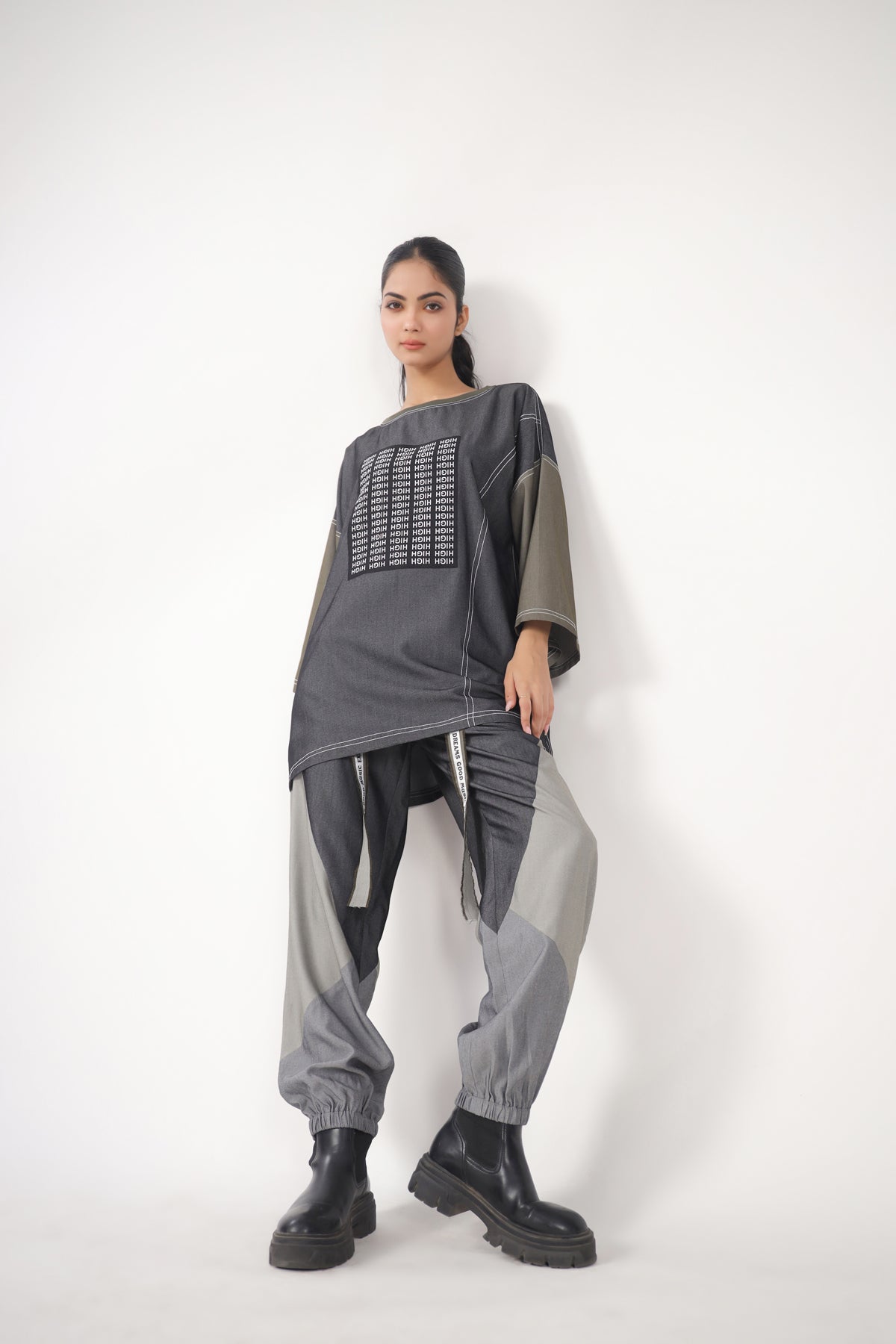 Olive Track Pants and Charcoal High Tee Set